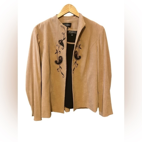 Jackets & Blazers - Studio 1 Beaded Blazer Womens Jacket 10 Brown Embroidered Open Front Retro Chic